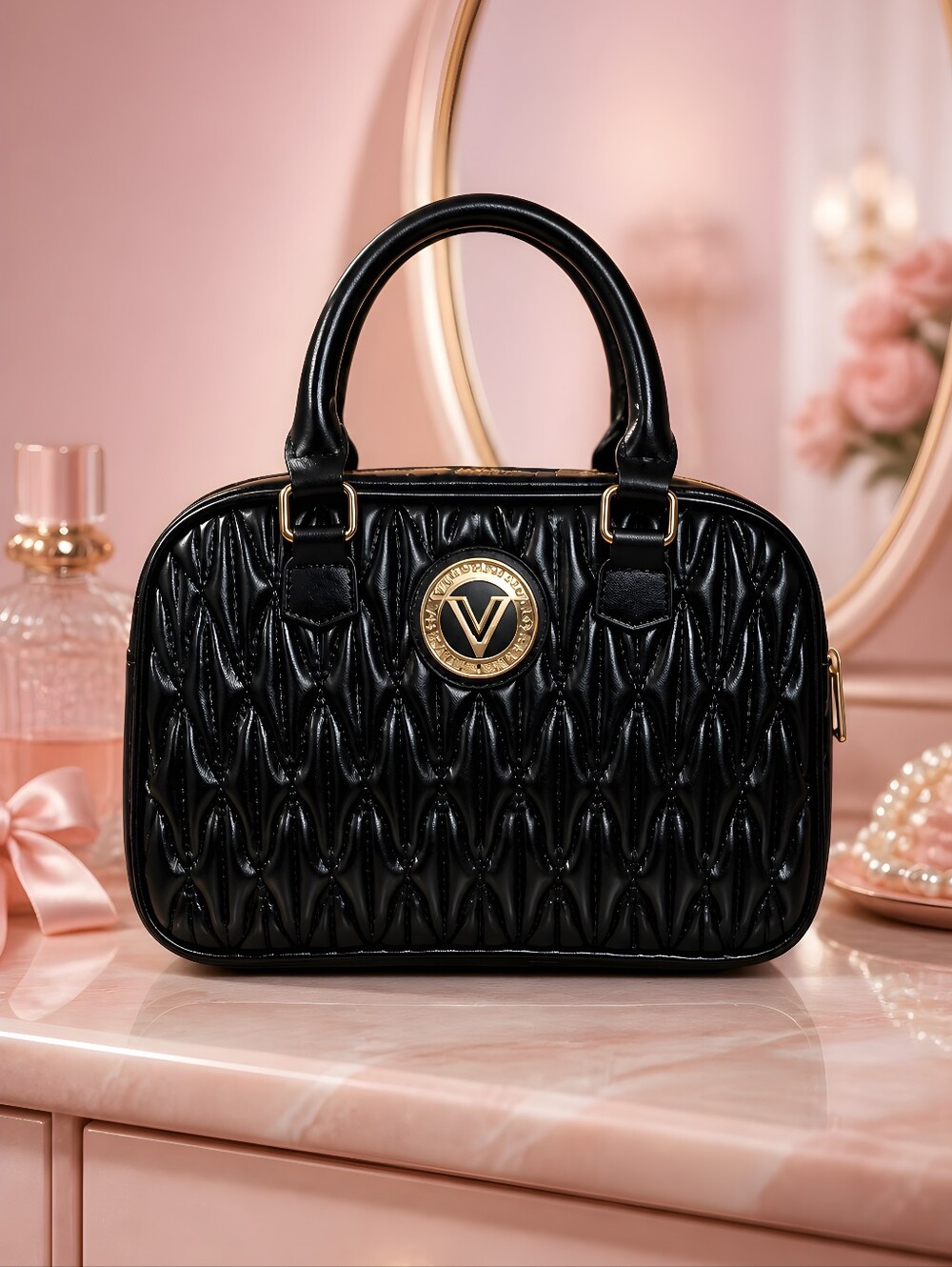 NWT Valentino Orlandi Black Quilted Leather Crossbody Satchel Gold V Logo - Picture 12 of 13